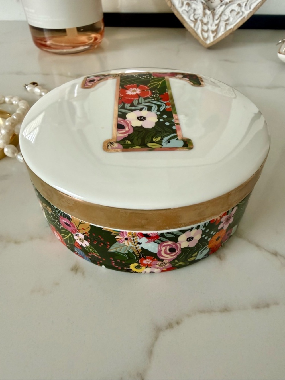 Anthropologie White Jewelry Tray with Lid with Floral 'T' Inset